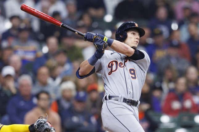 Apr 24, 2023; Milwaukee, Wisconsin, USA;  Detroit Tigers third baseman Nick Maton (9) hits a home run during the third inning against the Milwaukee Brewers at American Family Field.