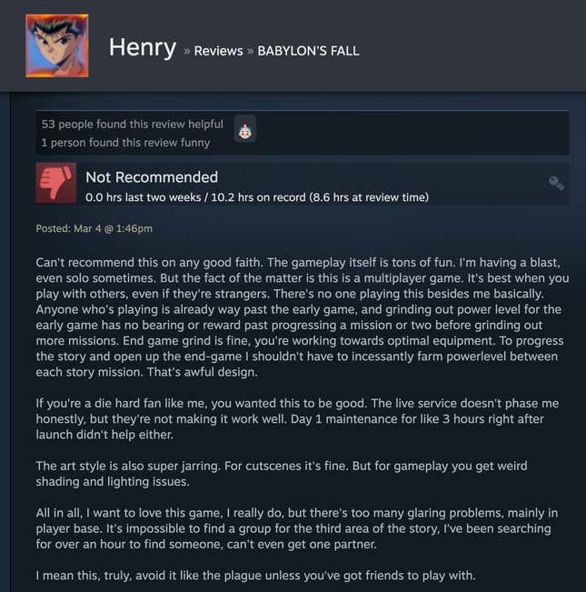 Image for article titled Babylon’s Fall, As Told By Steam Reviews