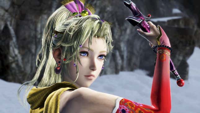 Terra is shown with her sword drawn in a snow-covered area.