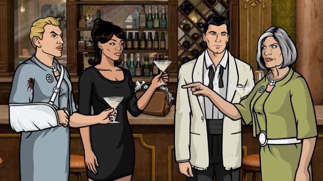 The animated Malory Archer wears a green dress suit and points accusingly at her employees Ray, Lana, and Archer in a scene from animated FXX series Archer.