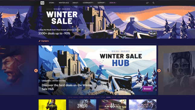 A screenshot of Gog.com's storefront highlight the Winter Sale.