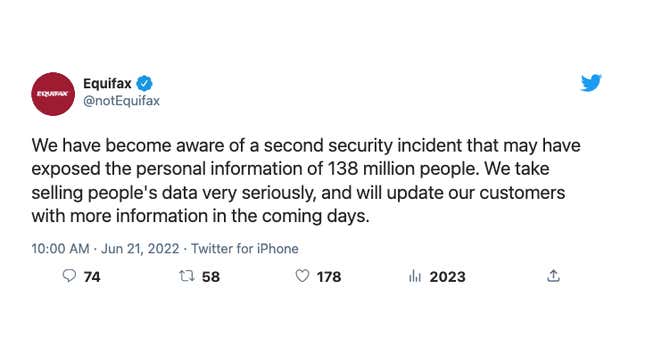 A fake tweet reading "We have become aware of a second security incident that may have exposed the personal information of 138 million people. We take selling people's data very seriously, and will update our customers with more information in the coming days."
