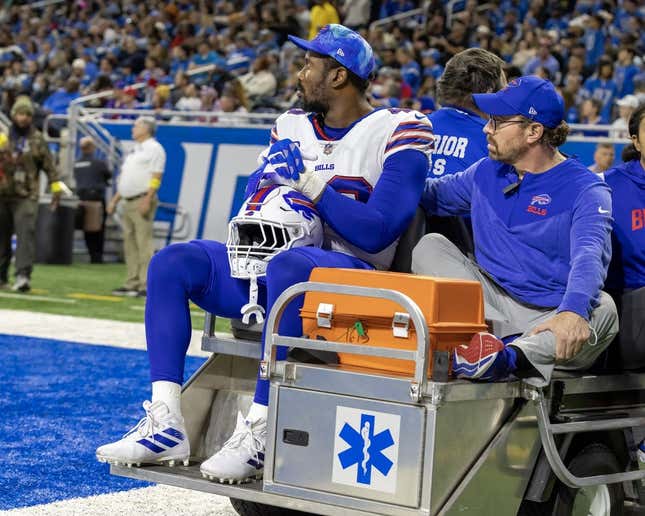 Nov 24, 2022; Detroit, Michigan, USA; Buffalo Bills linebacker Von Miller (40) is carted off the field during the second quarter of a game against the Detroit Lions at Ford Field.