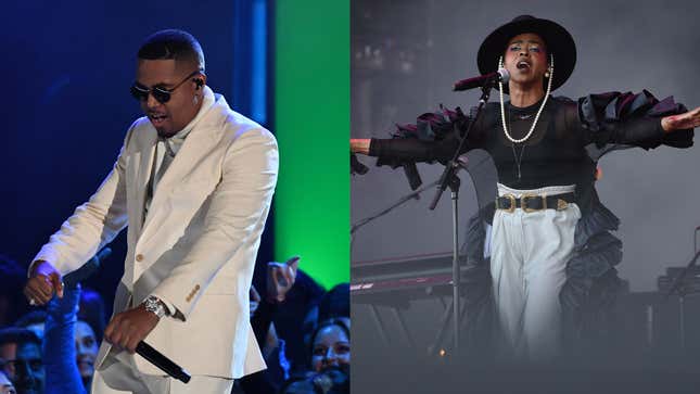 Nas performs during the 62nd Annual Grammy Awards on January 26, 2020; Ms. Lauryn Hill performs on the third day of the Glastonbury Festival of Music and Performing Arts on June 28, 2019. 