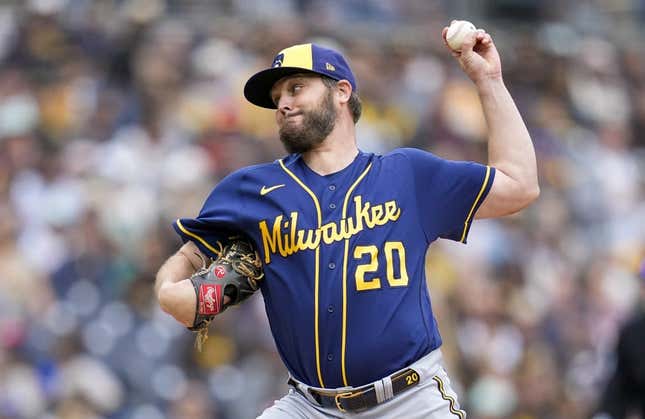 Apr 16, 2023; San Diego, California, USA; Milwaukee Brewers starting pitcher Wade Miley (20) throws a pitch against the Milwaukee Brewers during the first inning at Petco Park.