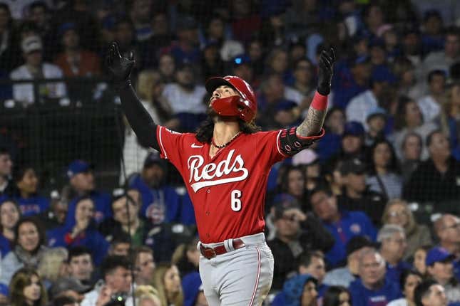 May 27, 2023; Chicago, Illinois, USA;  Cincinnati Reds second baseman Jonathan India (6) reacts after hitting a two run home run against the Chicago Cubs during the seventh inning at Wrigley Field.