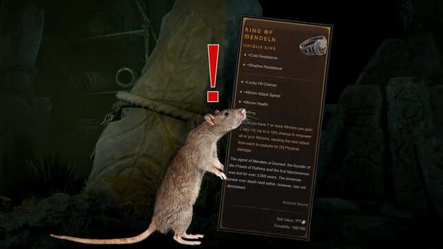 A rat holds a stat block for a Ring of Mendeln.