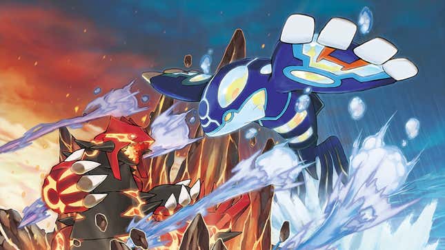 Groudon and Kyoger are shown battling where the sea and earth meet.