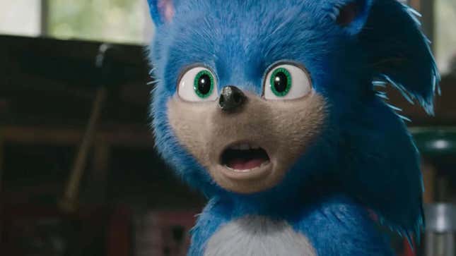 A screenshot of the original, terrible live-action Sonic looking stunned. 