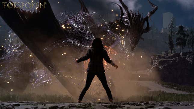 Smoke and sand rises from the impact a large dragon that lands on rocky terrain in front of Frey.
