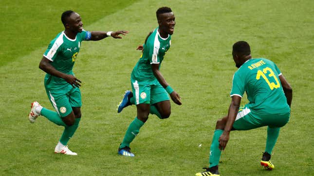 Senegal's Idrissa Gueye celebrates the June 19 game's first goal with team mates.