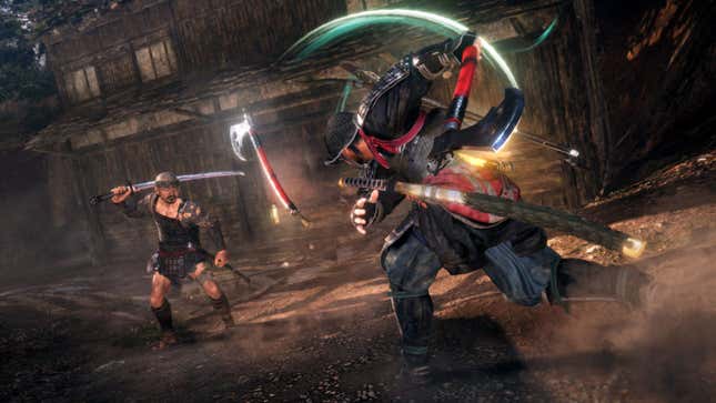 A Nioh 2 samurai is throwing his hatchets at some arrogant-looking warrior.