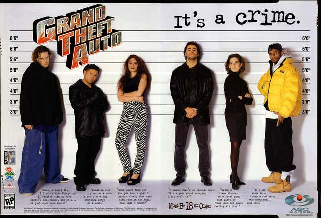 Print ad for the original Grand Theft Auto depicting a police lineup from Next Generation magazine.