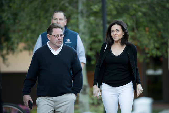 Bobby Kotick, chief executive officer of Activision Blizzard, and Sheryl Sandberg, chief operating officer of Facebook, together for a conference in 2018, before the couple split.