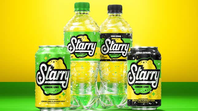 Product shot of Starry Lemon Lime soda, both regular and zero sugar