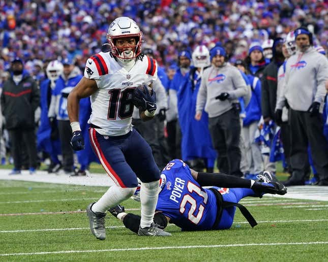Jan 8, 2023; Orchard Park, New York, USA; New England Patriots wide receiver Jakobi Meyers (16) runs with the ball against the Buffalo Bills during the second half at Highmark Stadium.