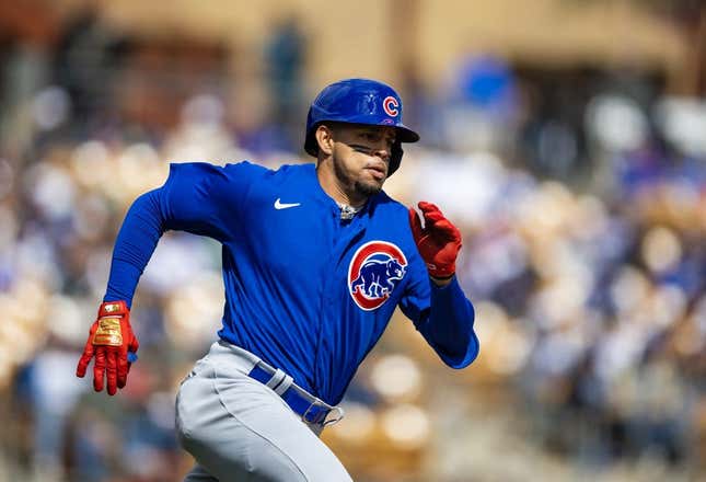 February 26, 2023;  Phoenix, Arizona, USA;  Chicago Cubs shortstop Christopher Morrell against the Los Angeles Dodgers during a spring training game at Camelback Ranch-Glendale.