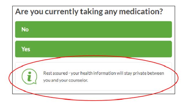 A screenshot of BetterHelp's interface, promission health information will stay private between you and your counselor.