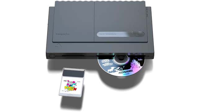 The black USA version of the Analogue Duo console ejecting a CD-ROM game with a HuCard game being inserted.