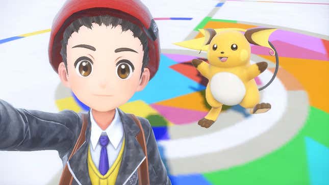 A Pokémon trainer is shown taking a selfie with Raichu, who is dancing in the background.