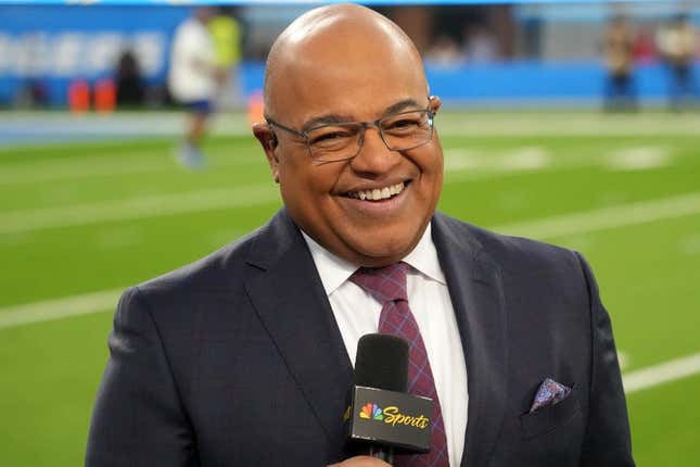 Nov 20, 2022; Inglewood, California, USA; NBC Sunday Night Football broadcaster Mike Tirico reacts during the game between the Los Angeles Chargers and the Kansas City Chiefs at SoFi Stadium.