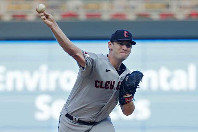 Aug 29, 2023; Minneapolis, Minnesota, USA; Cleveland Guardians starting pitcher Gavin Williams (63) pitches in the first inning against the Minnesota Twins at Target Field.