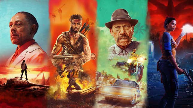 A collage shows different Far Cry 6 characters from various updates all together. 