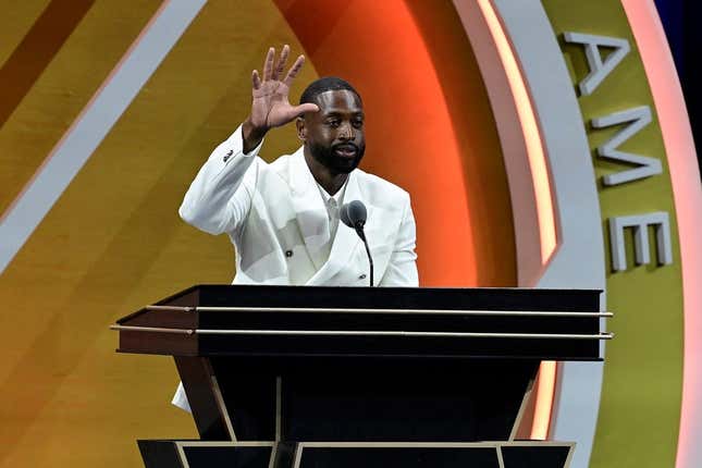 Aug 12, 2023; Springfield, MA, USA; Dwyane Wade gives his speech as he is inducted into the 2023 Basketball Hall of Fame at Symphony Hall.