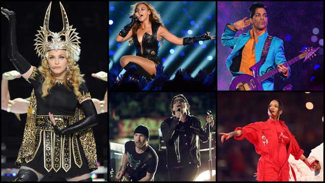 Clockwise from left: Madonna (Photo: Jeff Kravitz/FilmMagic), Beyoncé (Photo: Kevin Mazur/WireImage), Prince (Photo: Theo Wargo/WireImage); Rihanna (Photo: Ezra Shaw/Getty Images); The Edge and Bono of U2. (Photo: Jeff Haynes/AFP via Getty Images)