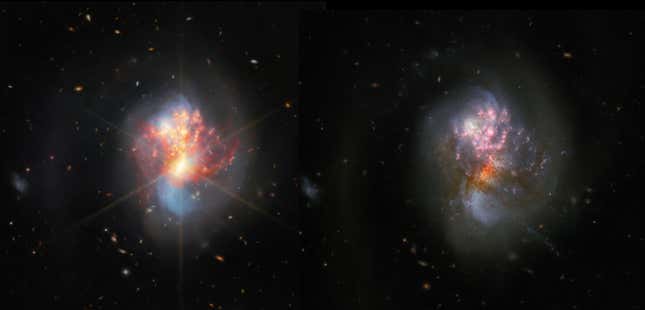 Webb (left) and Hubble (right) shots of the distant galaxy merger IC 1623.