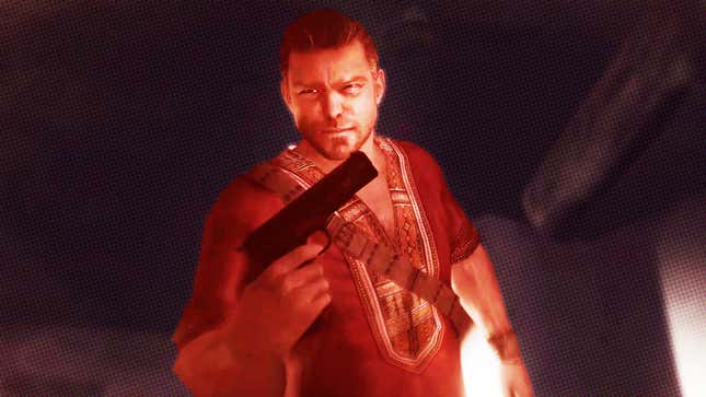 The Jackal from Far Cry 2 wearing a red shirt and holding a pistol as seen in the game's opening.