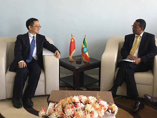 Ethiopia's minister for science and technology Getahun Mekuria (right) with the vice president of the China National Space Administration Wu Yanhua.