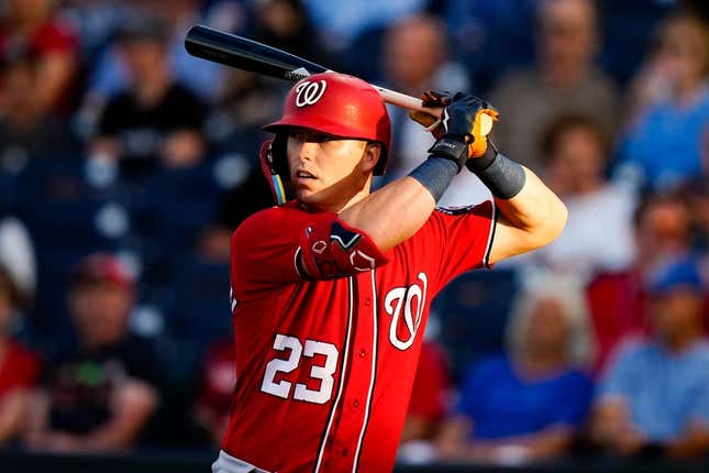 Mar 23, 2023; West Palm Beach, Florida, USA; Washington Nationals left fielder Corey Dickerson (23) at the plate against the Houston Astros during the third inning at The Ballpark of the Palm Beaches.