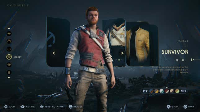 Star Wars Jedi: Survivor's customization screen is shown with Cal wearing a red vest, white shirt, and brown pants.