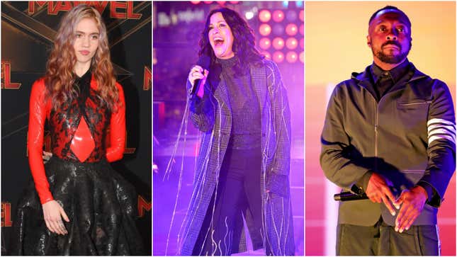 From left to right: Grimes (Photo: Photo by Robyn Beck / AFP via Getty Images), Alanis Morissette (Photo: Eugene Gologursky/Getty Images for Dick Clark Productions), Will.I.Am (Photo: Rich Fury/Getty Images for See Us Unite)