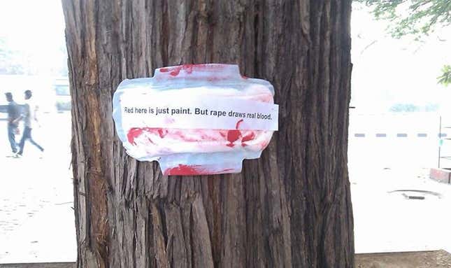 A sanitary napkin as seen on a tree at Delhi University.