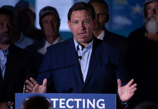 Florida Gov. Ron DeSantis speaks during a press conference held at the Cox Science Center &amp; Aquarium on June 08, 2022, in West Palm Beach, Florida.