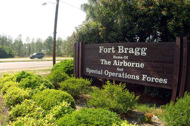 A sign shows Fort Bragg information on May 13, 2004, in Fayetteville, North Carolina. Upon its return from Europe, the 82d Airborne Division was assigned here in 1946. In 1951, XVIII Airborne Corps was reactivated here, and Fort Bragg became widely known as the “home of the airborne.” Today Fort Bragg and neighboring Pope Air Force Base form one of the largest military complexes in the world. 