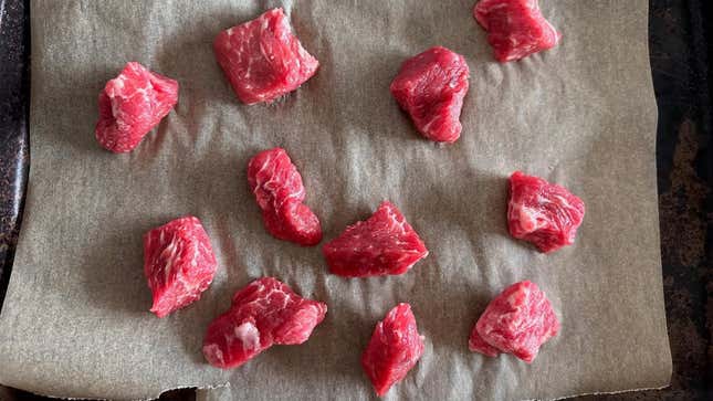 Blotted, salted, frozen steak bites.