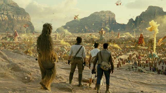 In the Rise of Skywalker, we see Chewbacca, Poe, Rey, and Finn from the back as they approach a huge celebration.