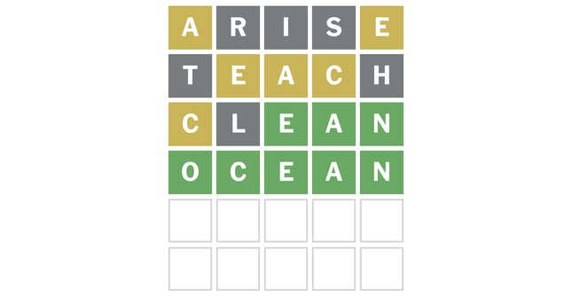 Wordle board: ARISE, yellow A and E. TEACH, yellow E, A, and C. CLEAN, yellow C and green EAN. Final guess, OCEAN, all green.
