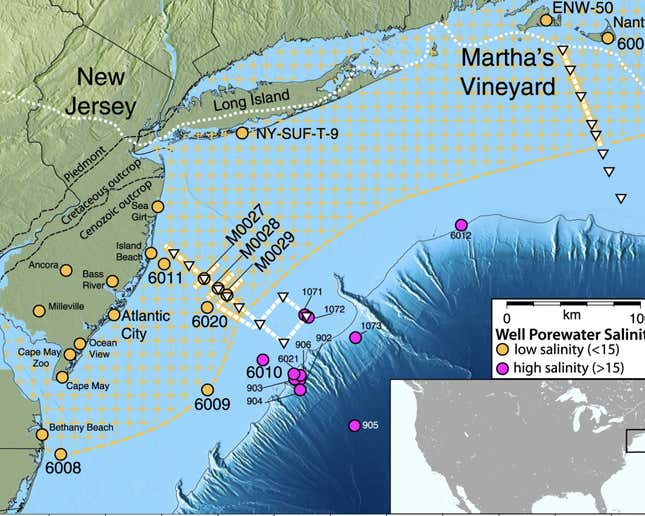 The estimated extent of undersea fresh-water reservoirs.