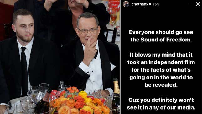Image for article titled Chet Hanks Promotes ‘Sound of Freedom’ Despite QAnon Constantly Calling His Dad a Pedophile