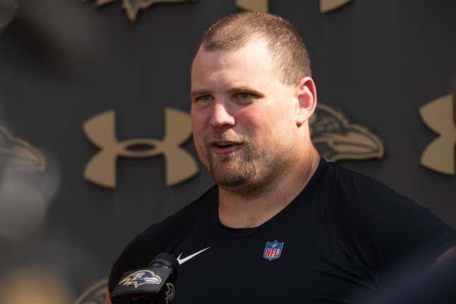 July 27, 2022;  Owings Mills, MD, USA;  Baltimore Ravens offensive guard Kevin Zeitler (70) talks to the media after the first day of training camp at the Under Armor Performance Center.