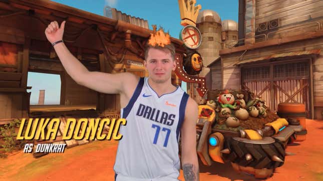 Luka Doncic standing in front of an Overwatch map screen, pretending to be the in-game character Junkrat.