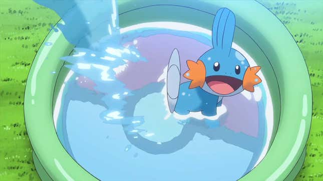 Mudkip is seen playing in an inflatable pool.
