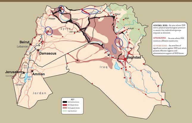 ISIL-controlled areas in Iraq and Syria. (Institute for the Study of War)