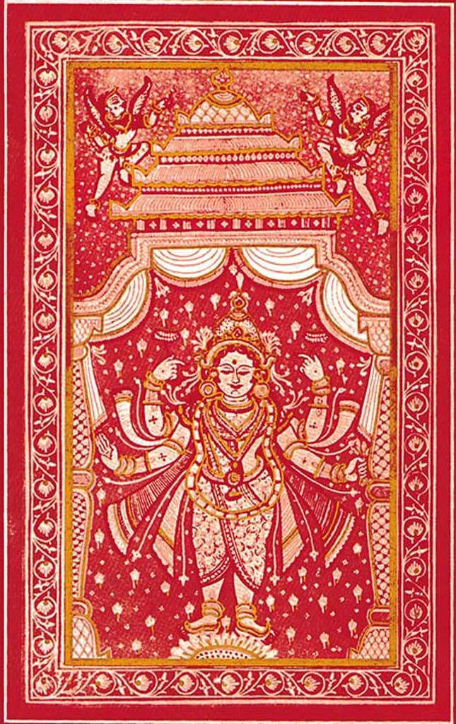 Maha-Lakshmi, the Tantrik form of Lakshmi, is less the goddess of wealth and more the supreme mother-goddess; painting from Orissa.