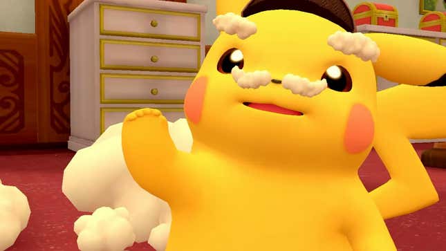 Detective Pikachu has a foam mustache. 