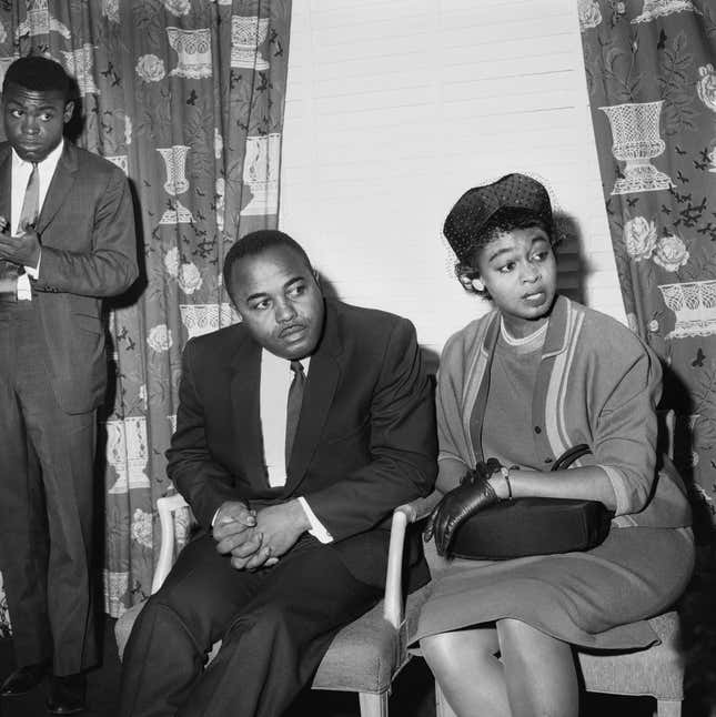 Christopher McNair, center left, and Maxine McNair, right, the parents of Denise McNair, one of four African American girls who died in a church bombing in Birmingham, Ala., on Sept. 15, 1963, hold a news conference on Sept. 20, 1963, in New York.